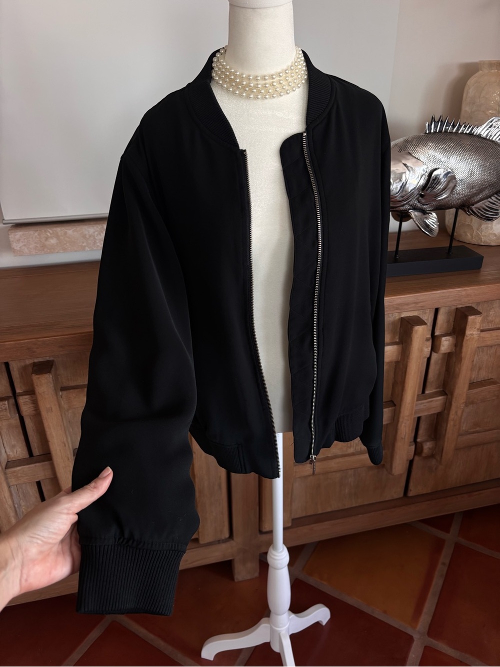 MICHAEL Michael Kors Black Silky Bomber Jacket Silver Zip L Y2K Fall - Picture 5 of 13